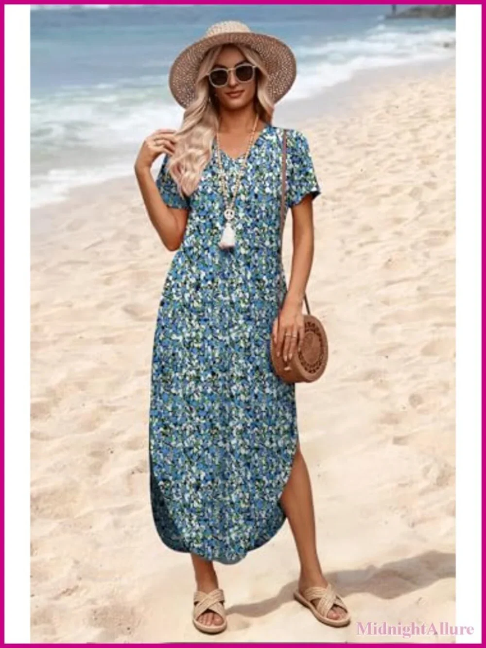 Women's Summer Short Sleeve Maxi Dress with Pockets V-Neck Flowy Vacation Beach